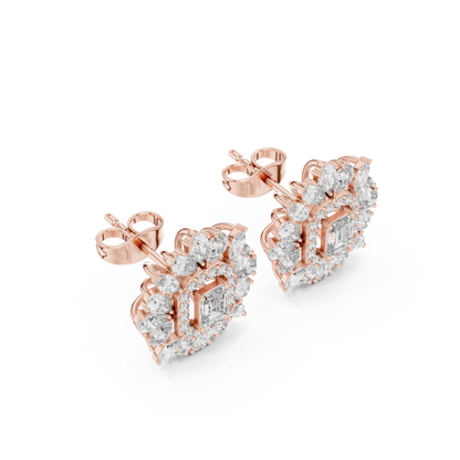 40.47ctw Emerald Cut Diamond Floral Halo Stud Earrings | Yellow Gold