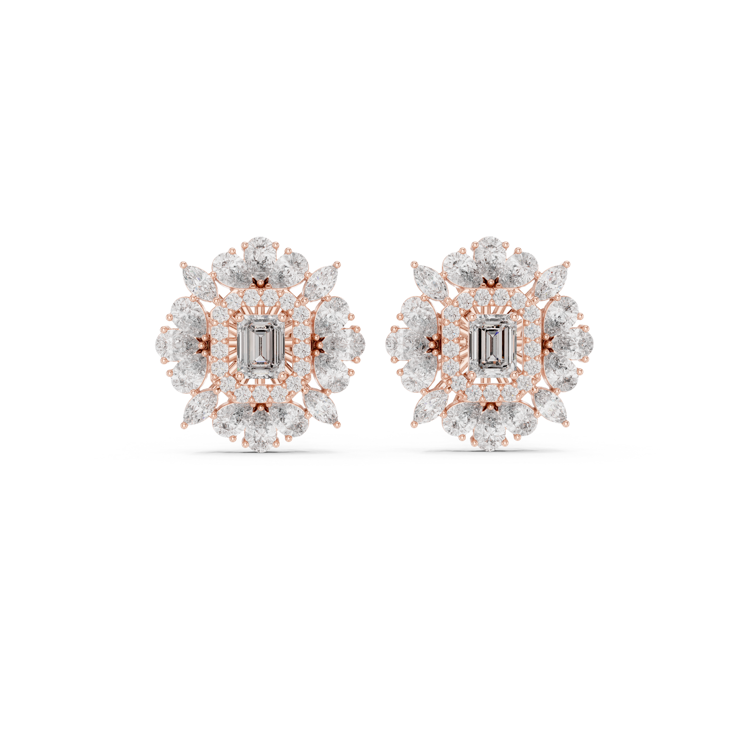 40.47ctw Emerald Cut Diamond Floral Halo Stud Earrings | Yellow Gold