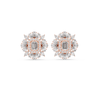 40.47ctw Emerald Cut Diamond Floral Halo Stud Earrings | Yellow Gold
