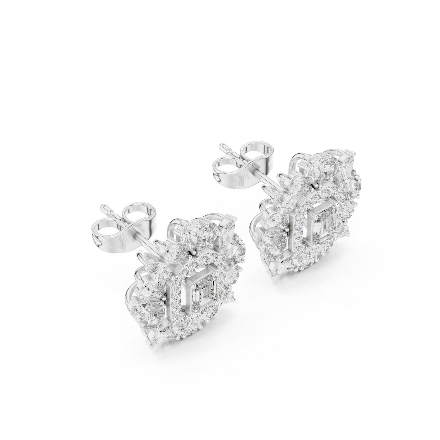 40.47ctw Emerald Cut Diamond Floral Halo Stud Earrings | Yellow Gold