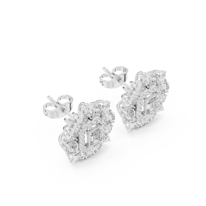 40.47ctw Emerald Cut Diamond Floral Halo Stud Earrings | Yellow Gold