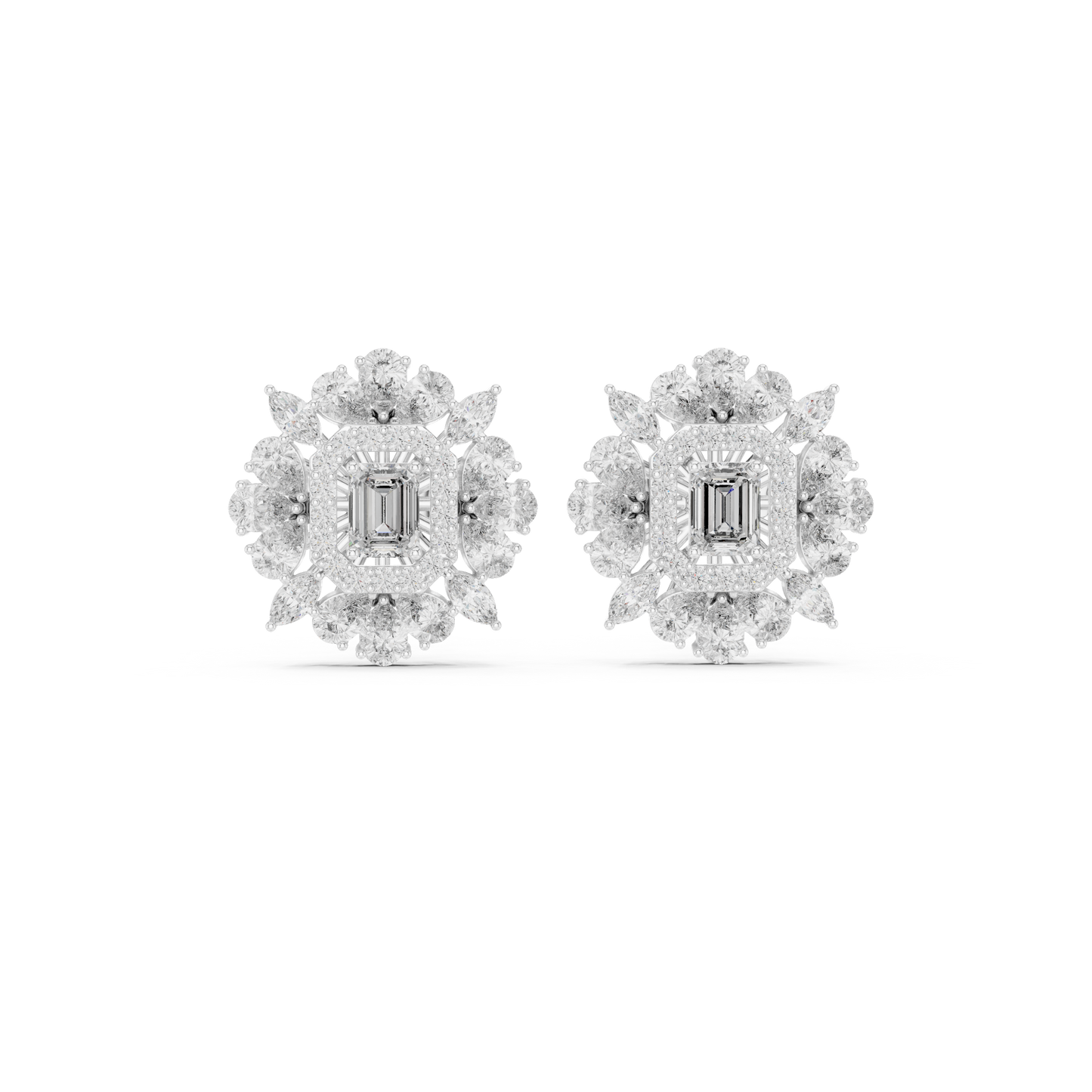 40.47ctw Emerald Cut Diamond Floral Halo Stud Earrings | Yellow Gold