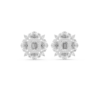 40.47ctw Emerald Cut Diamond Floral Halo Stud Earrings | Yellow Gold