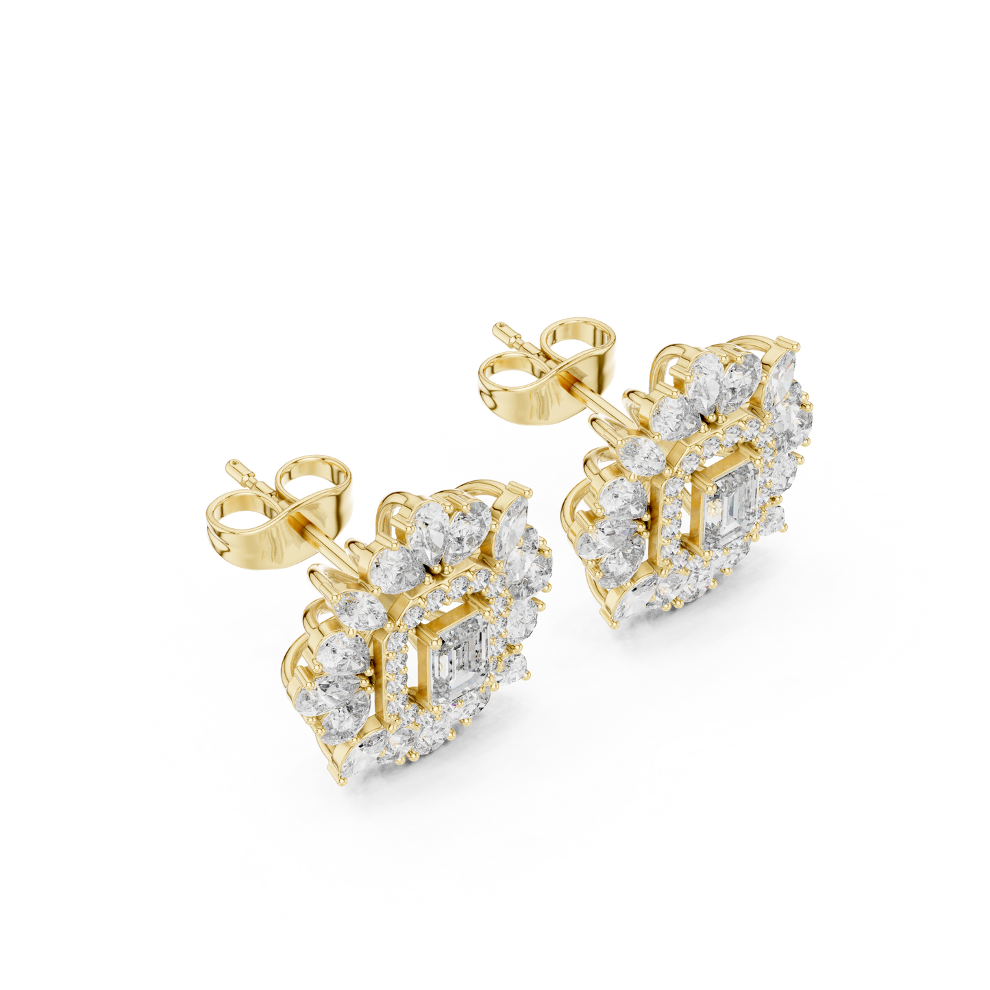 40.47ctw Emerald Cut Diamond Floral Halo Stud Earrings | Yellow Gold