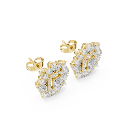 40.47ctw Emerald Cut Diamond Floral Halo Stud Earrings | Yellow Gold