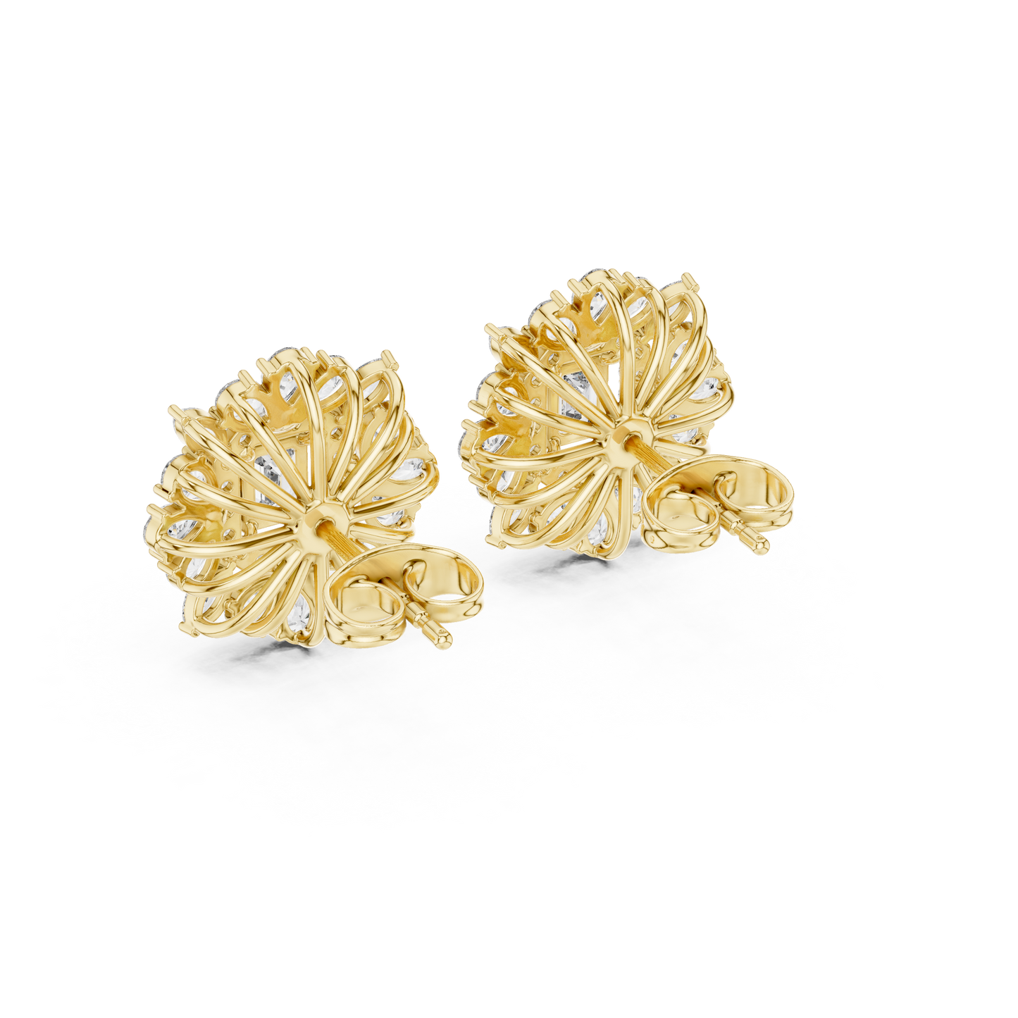 40.47ctw Emerald Cut Diamond Floral Halo Stud Earrings | Yellow Gold