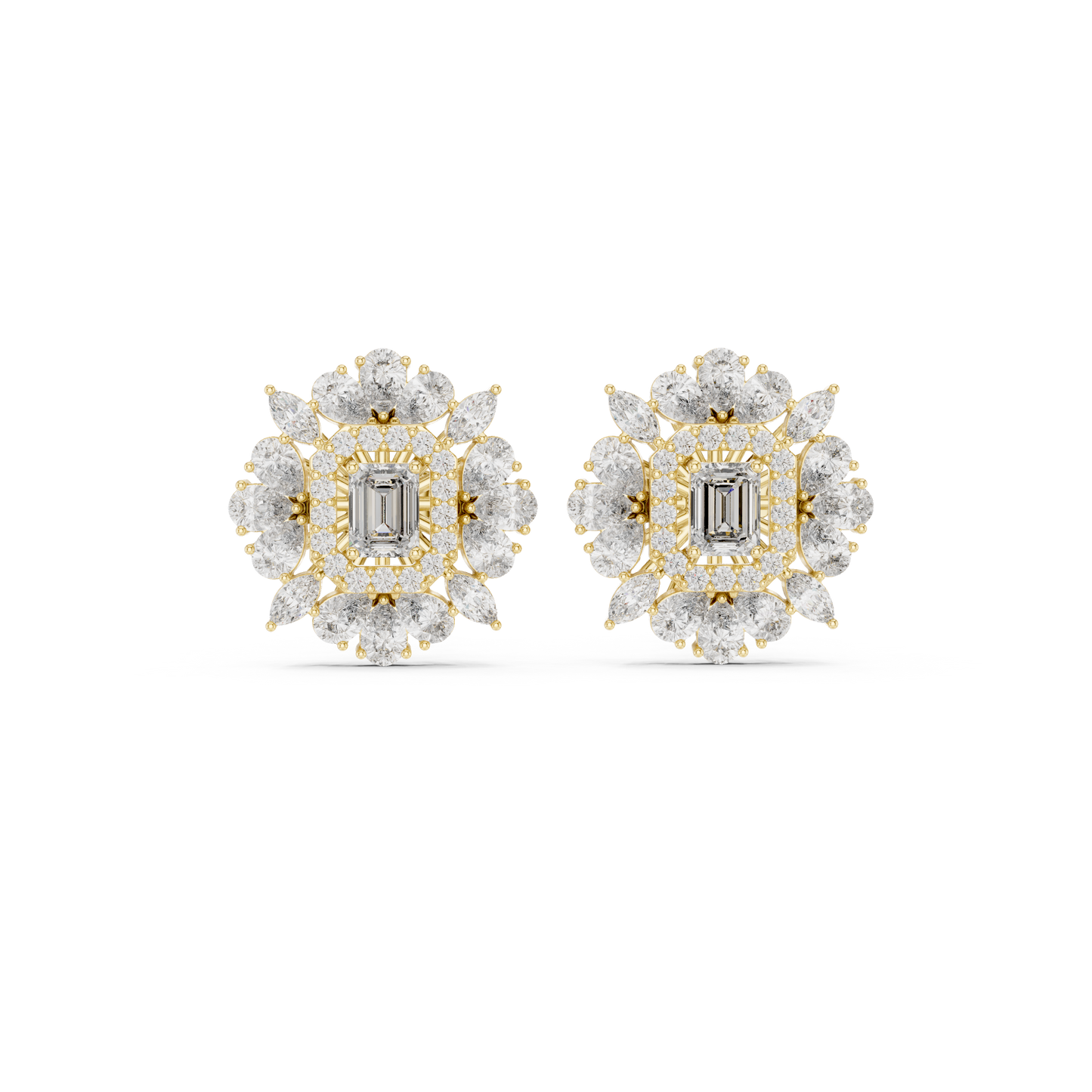 40.47ctw Emerald Cut Diamond Floral Halo Stud Earrings | Yellow Gold