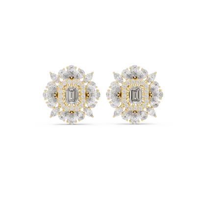 40.47ctw Emerald Cut Diamond Floral Halo Stud Earrings | Yellow Gold