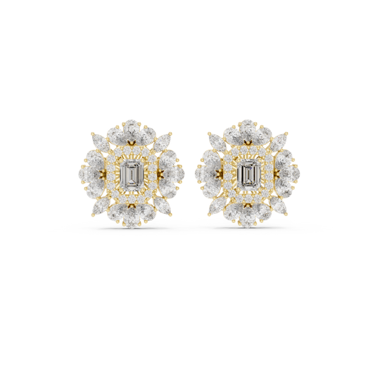 40.47ctw Emerald Cut Diamond Floral Halo Stud Earrings | Yellow Gold