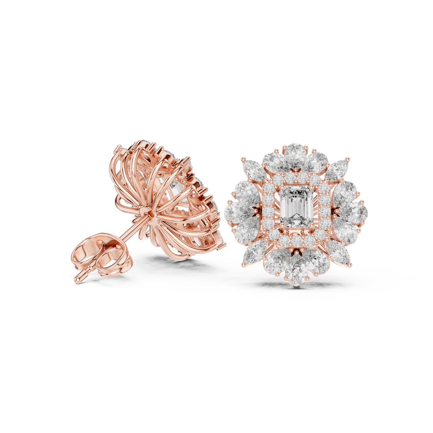40.47ctw Emerald Cut Diamond Floral Halo Stud Earrings | Yellow Gold