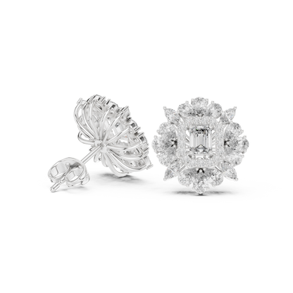 40.47ctw Emerald Cut Diamond Floral Halo Stud Earrings | Yellow Gold