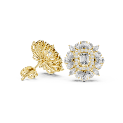 40.47ctw Emerald Cut Diamond Floral Halo Stud Earrings | Yellow Gold