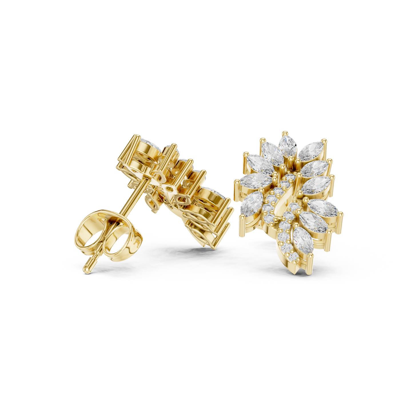 Yellow Gold Marquise Diamond Paisley Wing Swirl Stud Earrings - 0.61ctw