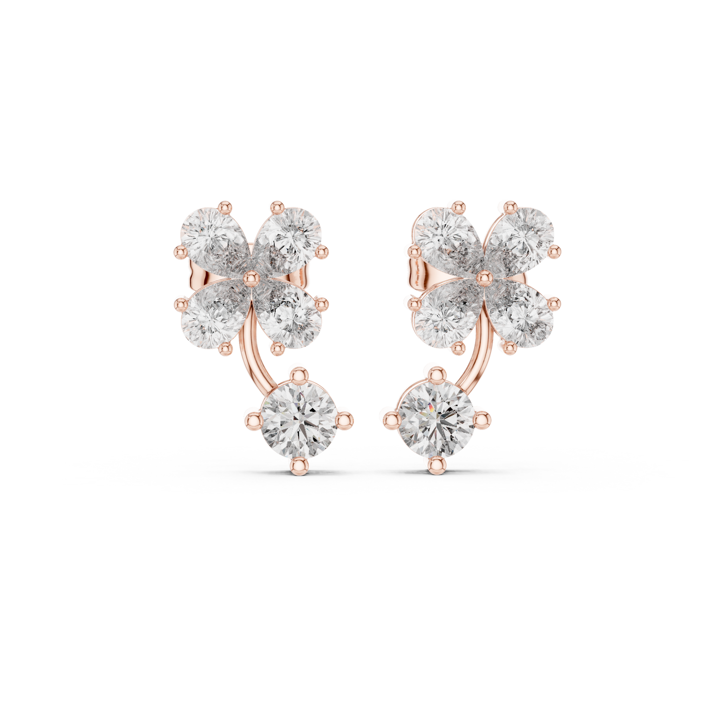1.72ctw Pear & Round Diamond Four-Leaf Clover Drop Stud Earrings in Yellow Gold