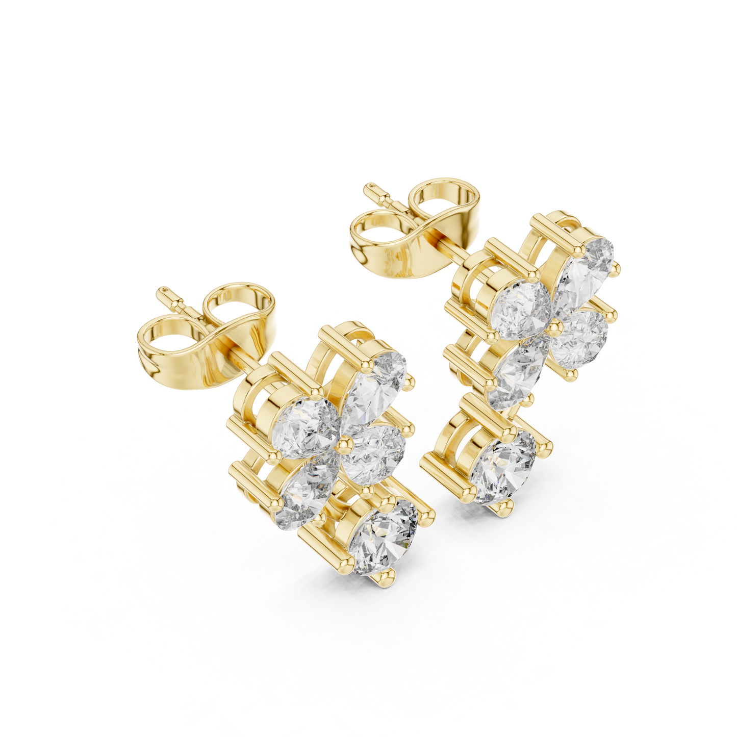1.72ctw Pear & Round Diamond Four-Leaf Clover Drop Stud Earrings in Yellow Gold