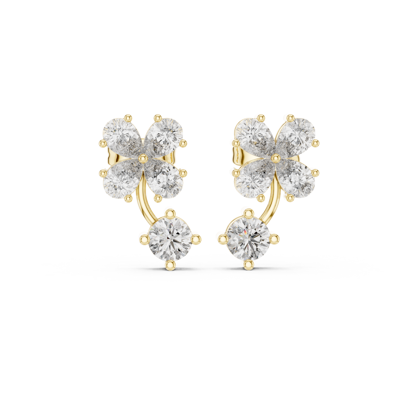 1.72ctw Pear & Round Diamond Four-Leaf Clover Drop Stud Earrings in Yellow Gold