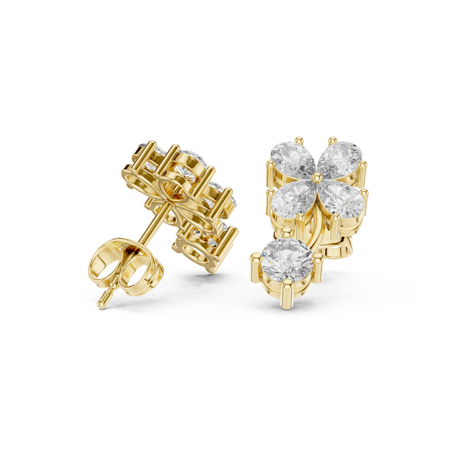 1.72ctw Pear & Round Diamond Four-Leaf Clover Drop Stud Earrings in Yellow Gold