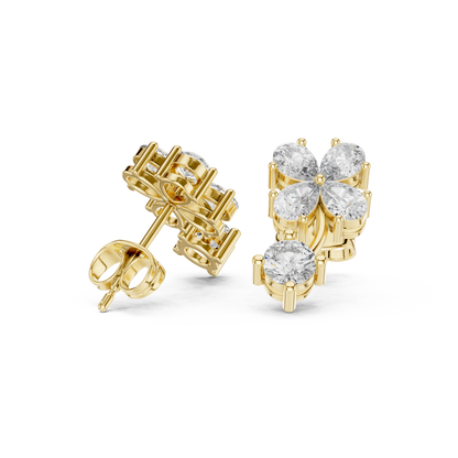 1.72ctw Pear & Round Diamond Four-Leaf Clover Drop Stud Earrings in Yellow Gold