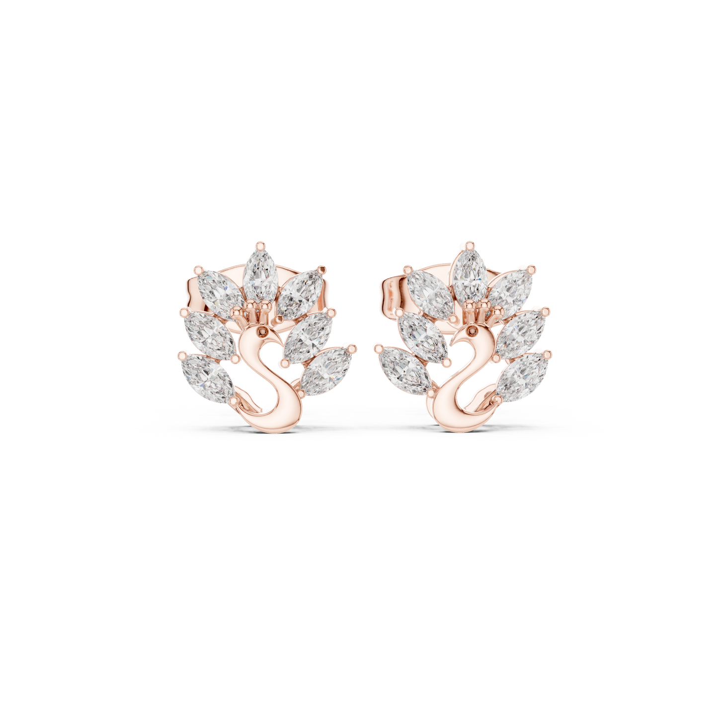 Elegant Gold Plated Peacock Stud Earrings : 0.31CTW Marquise Diamonds