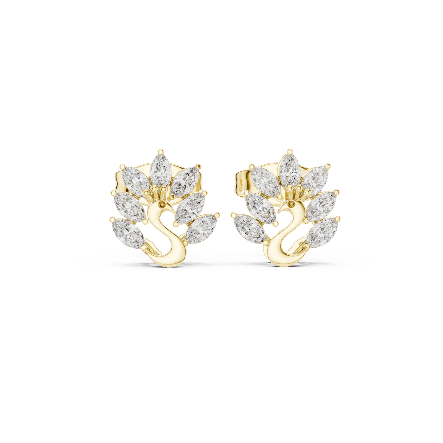 Elegant Gold Plated Peacock Stud Earrings : 0.31CTW Marquise Diamonds