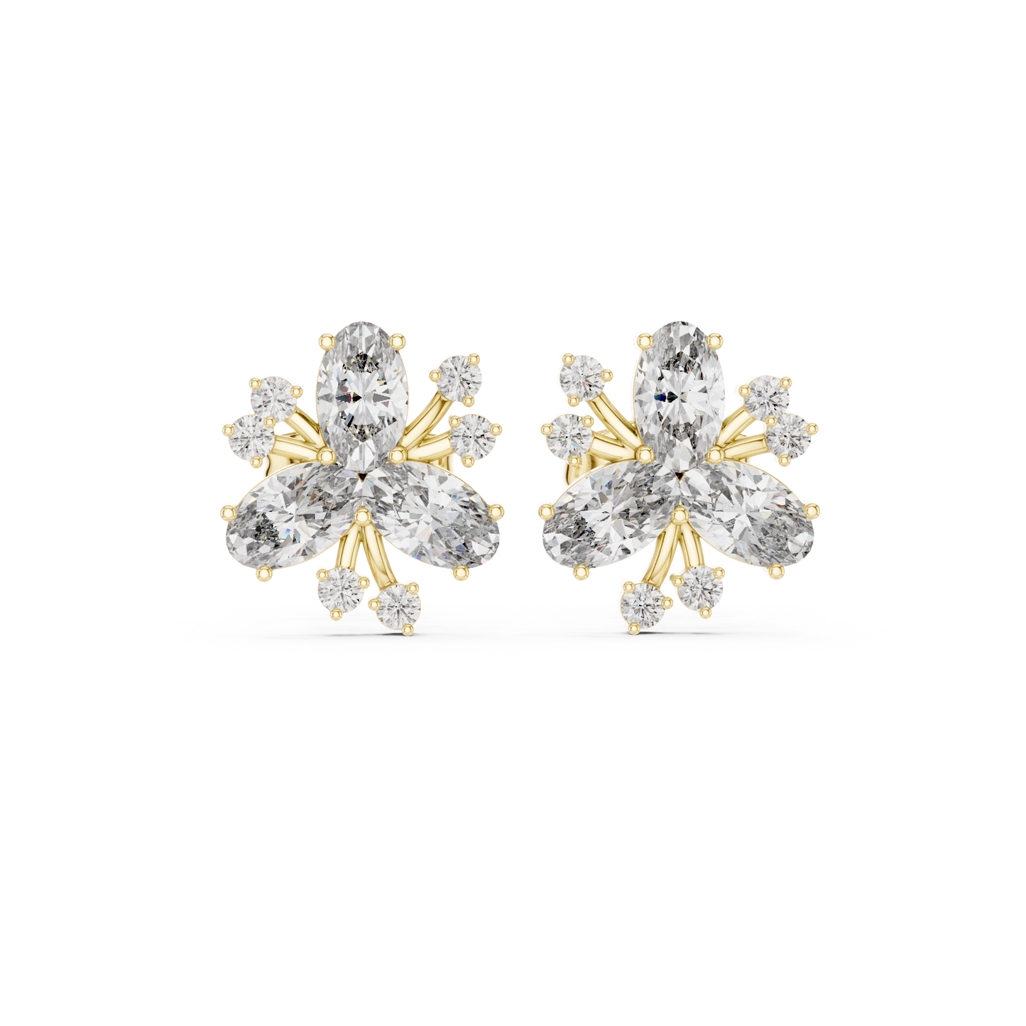 1.16ctw Round & Marquise Diamond Flower Cluster Stud Earrings in Yellow Gold