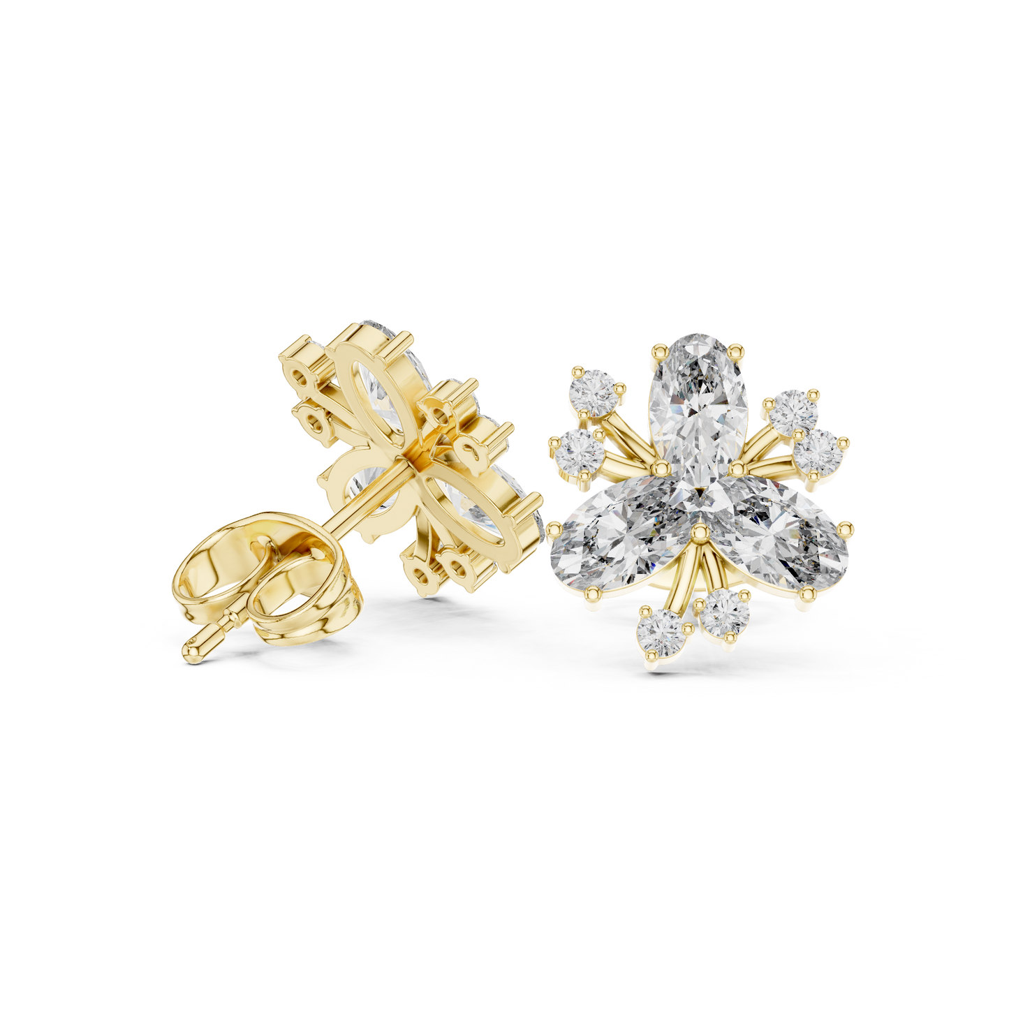 1.16ctw Round & Marquise Diamond Flower Cluster Stud Earrings in Yellow Gold