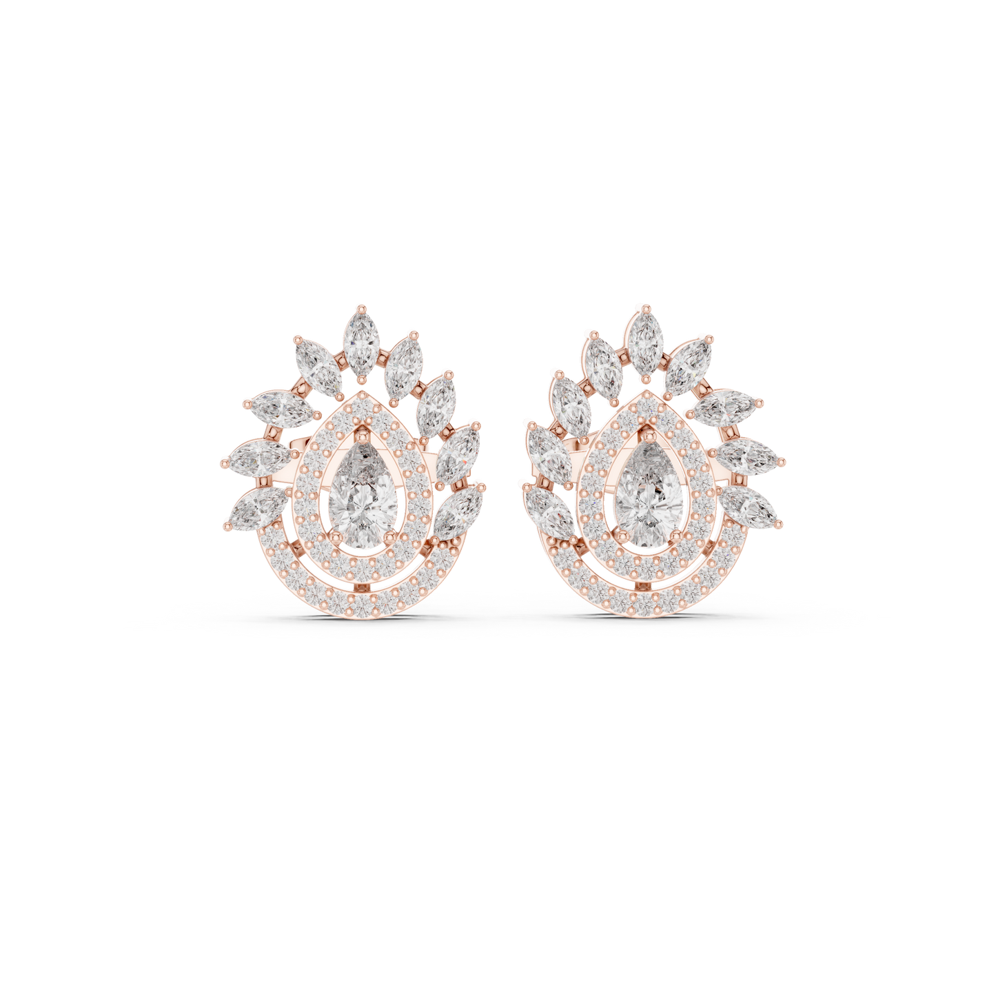 1.01ctw Pear Diamond Double Halo Stud Earrings with Marquise Tiara Cluster in Yellow Gold