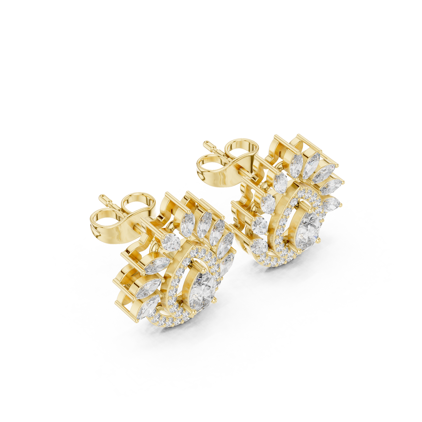 1.01ctw Pear Diamond Double Halo Stud Earrings with Marquise Tiara Cluster in Yellow Gold