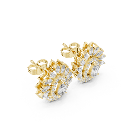 1.01ctw Pear Diamond Double Halo Stud Earrings with Marquise Tiara Cluster in Yellow Gold