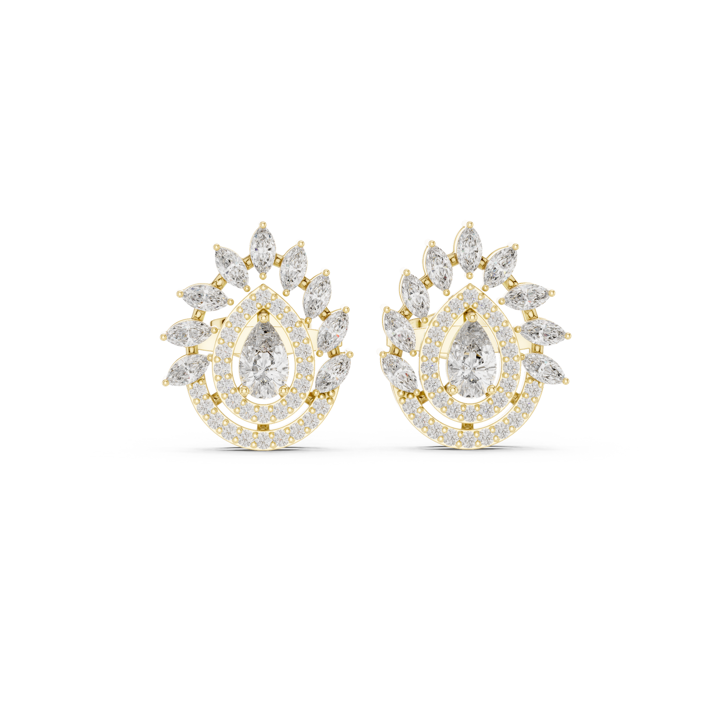 1.01ctw Pear Diamond Double Halo Stud Earrings with Marquise Tiara Cluster in Yellow Gold