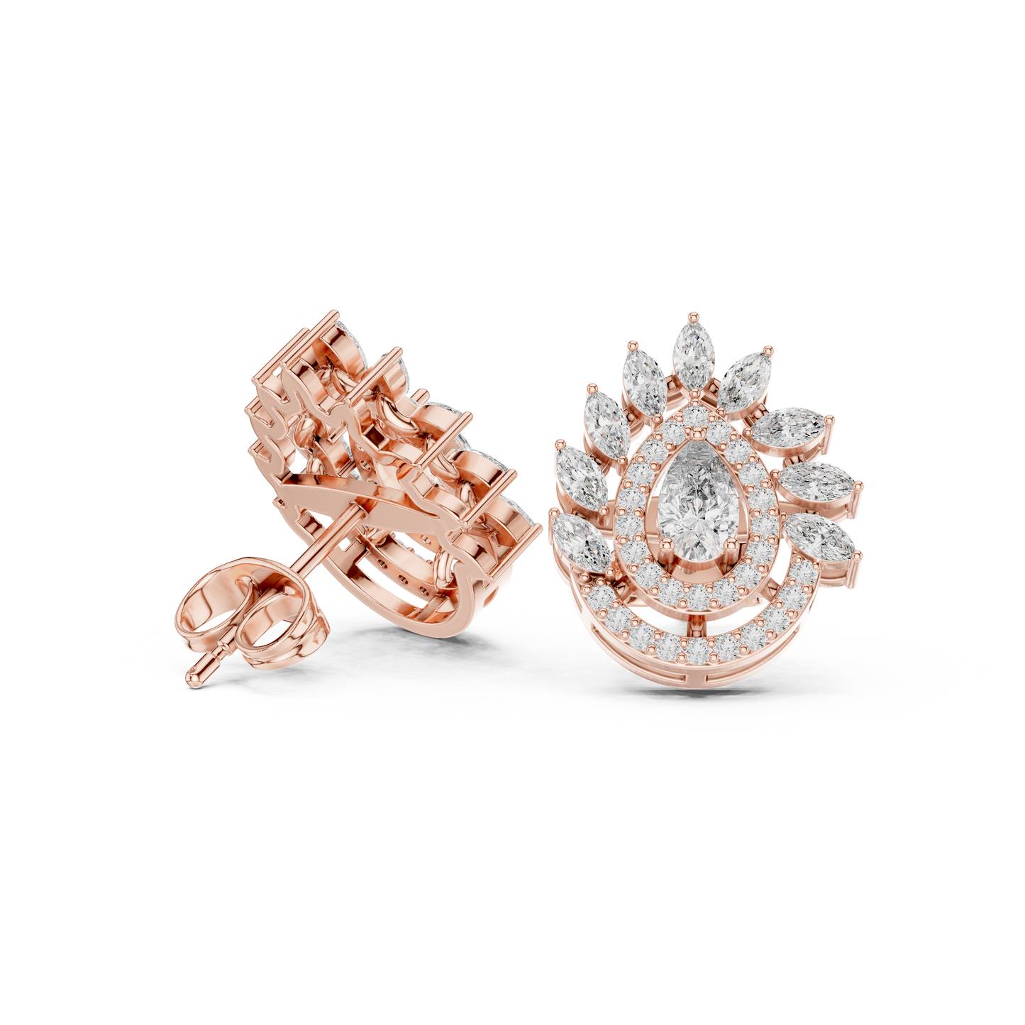 1.01ctw Pear Diamond Double Halo Stud Earrings with Marquise Tiara Cluster in Yellow Gold