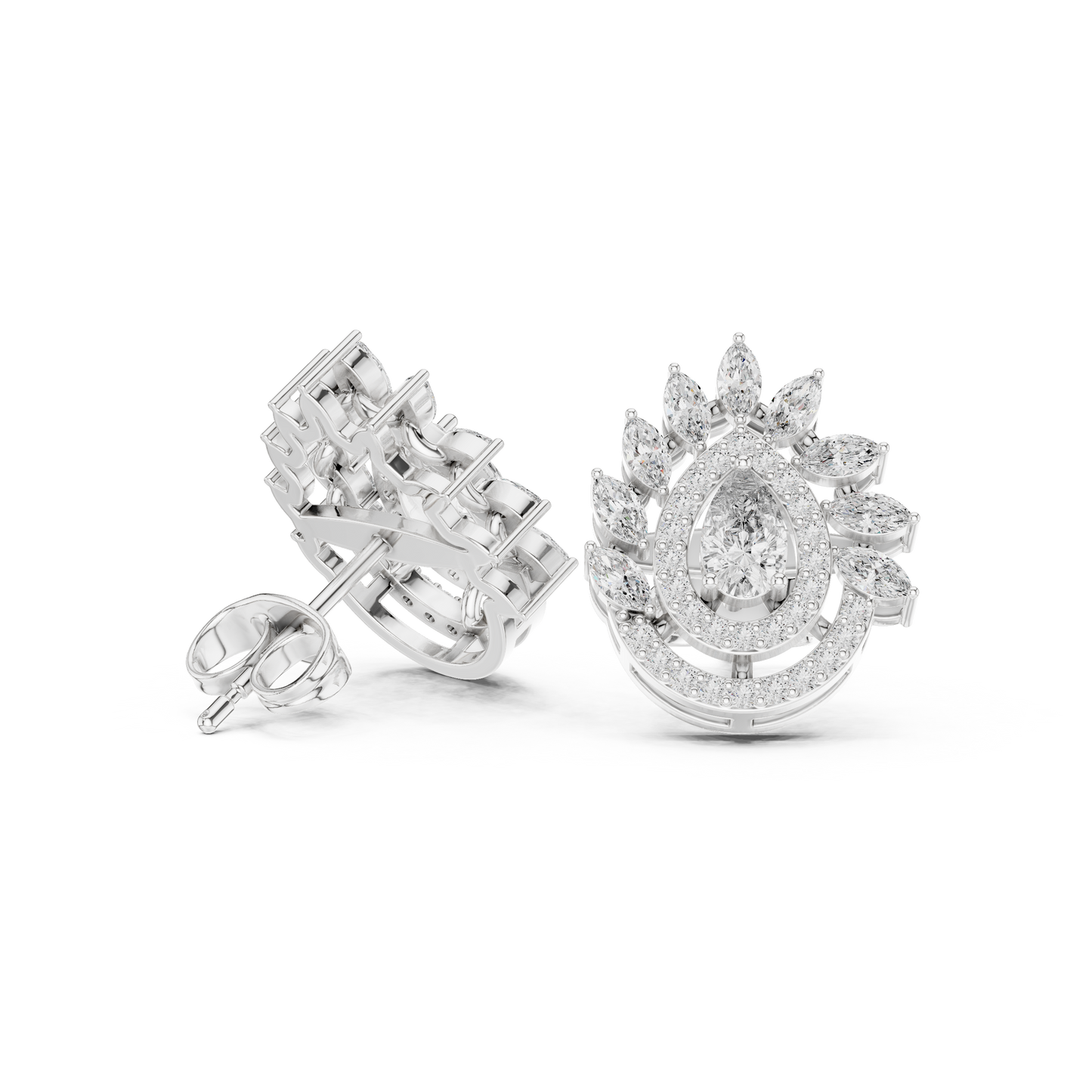 1.01ctw Pear Diamond Double Halo Stud Earrings with Marquise Tiara Cluster in Yellow Gold