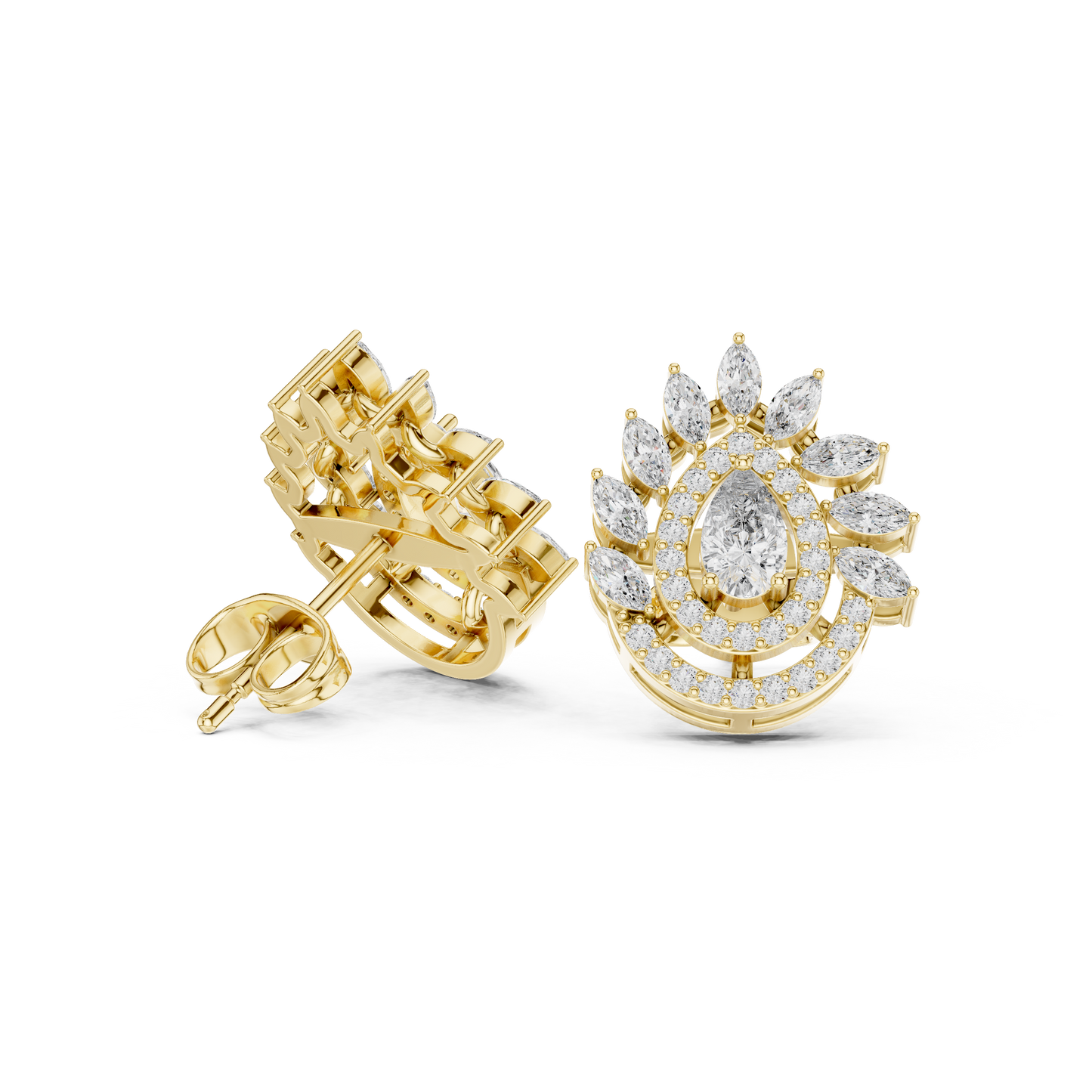 1.01ctw Pear Diamond Double Halo Stud Earrings with Marquise Tiara Cluster in Yellow Gold