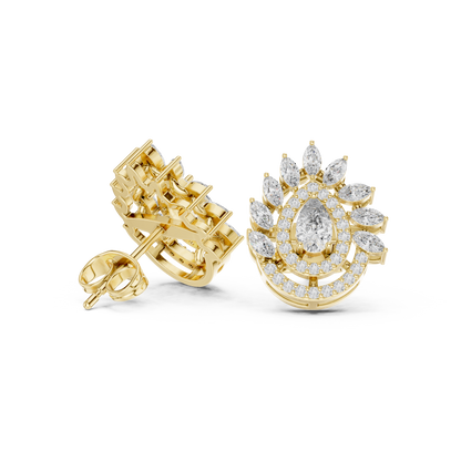 1.01ctw Pear Diamond Double Halo Stud Earrings with Marquise Tiara Cluster in Yellow Gold
