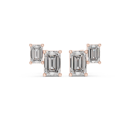 1.47ctw Asymmetric Emerald Cut Diamond Duo Stud Earrings in Yellow Gold