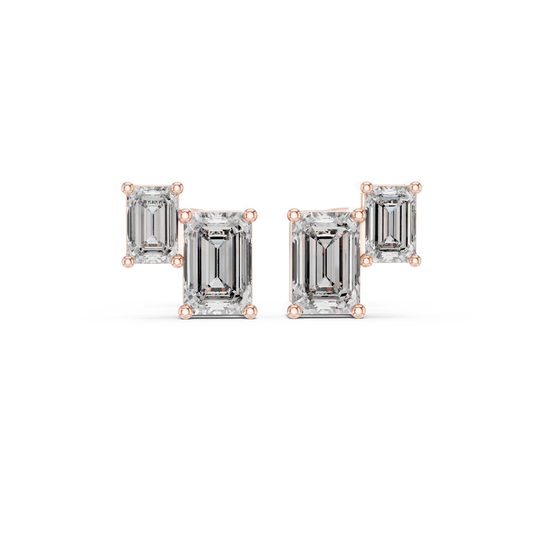 1.47ctw Asymmetric Emerald Cut Diamond Duo Stud Earrings in Yellow Gold