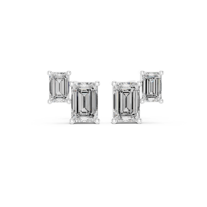 1.47ctw Asymmetric Emerald Cut Diamond Duo Stud Earrings in Yellow Gold
