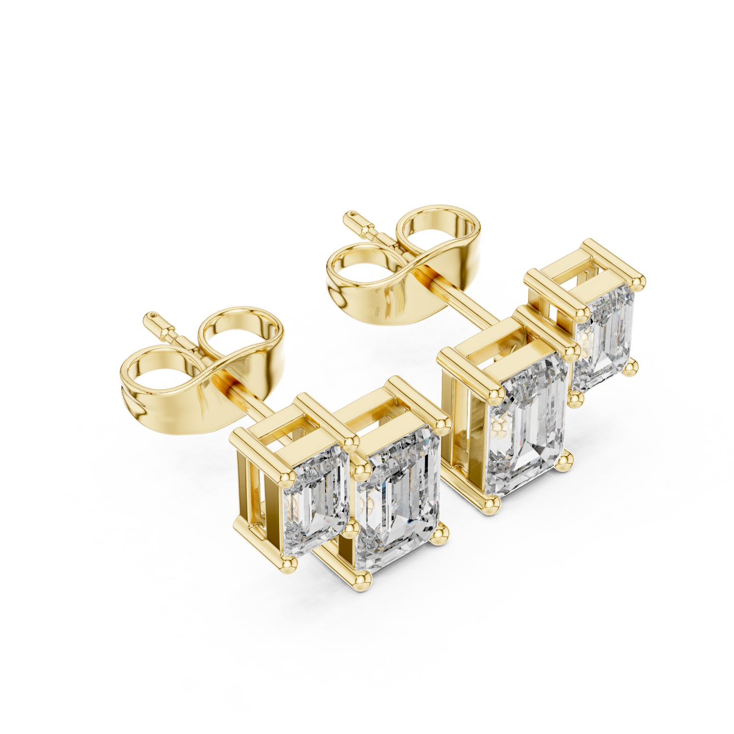 1.47ctw Asymmetric Emerald Cut Diamond Duo Stud Earrings in Yellow Gold
