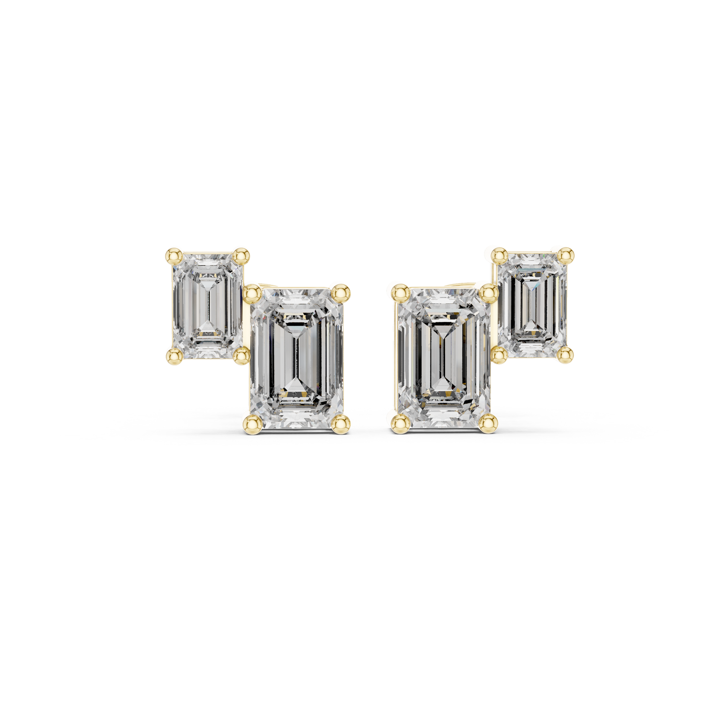 1.47ctw Asymmetric Emerald Cut Diamond Duo Stud Earrings in Yellow Gold