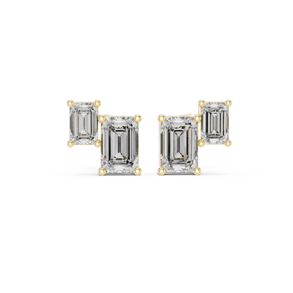 1.47ctw Asymmetric Emerald Cut Diamond Duo Stud Earrings in Yellow Gold