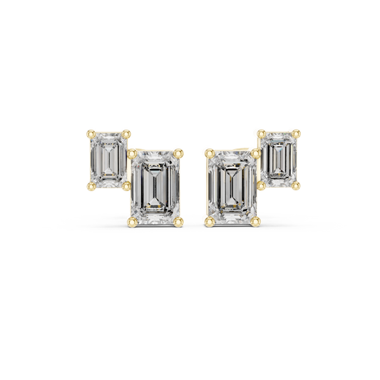 1.47ctw Asymmetric Emerald Cut Diamond Duo Stud Earrings in Yellow Gold