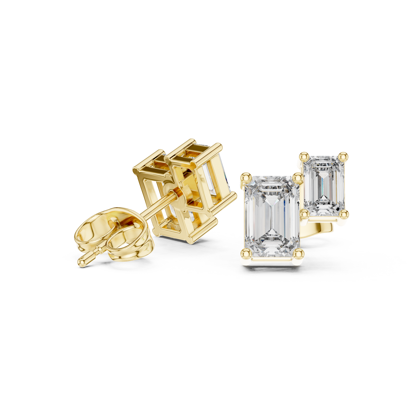1.47ctw Asymmetric Emerald Cut Diamond Duo Stud Earrings in Yellow Gold