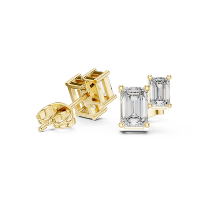 1.47ctw Asymmetric Emerald Cut Diamond Duo Stud Earrings in Yellow Gold