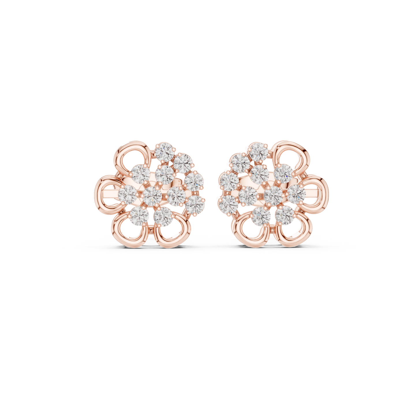 Yellow Gold Round Diamond Abstract Flower Cluster Stud Earrings - 0.44ctw