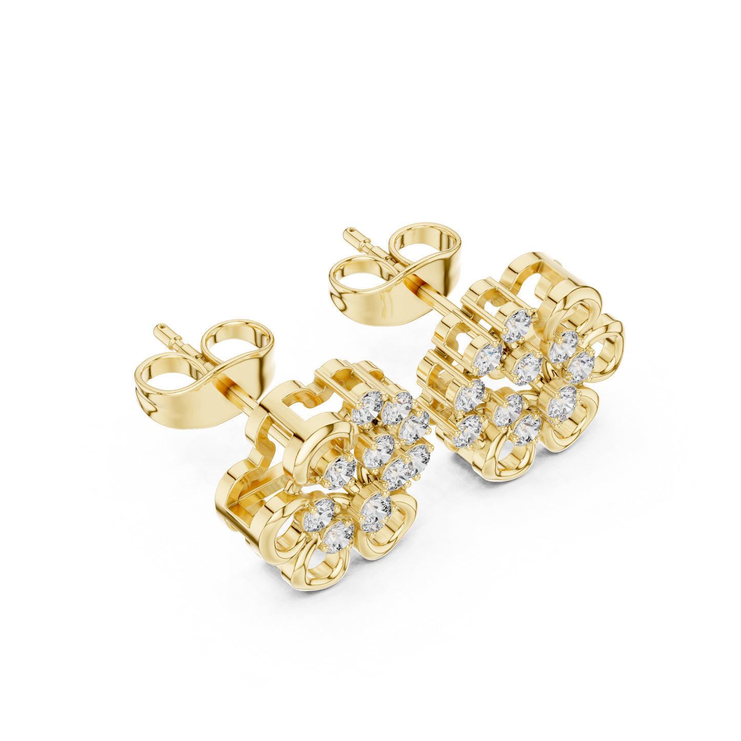 Yellow Gold Round Diamond Abstract Flower Cluster Stud Earrings - 0.44ctw