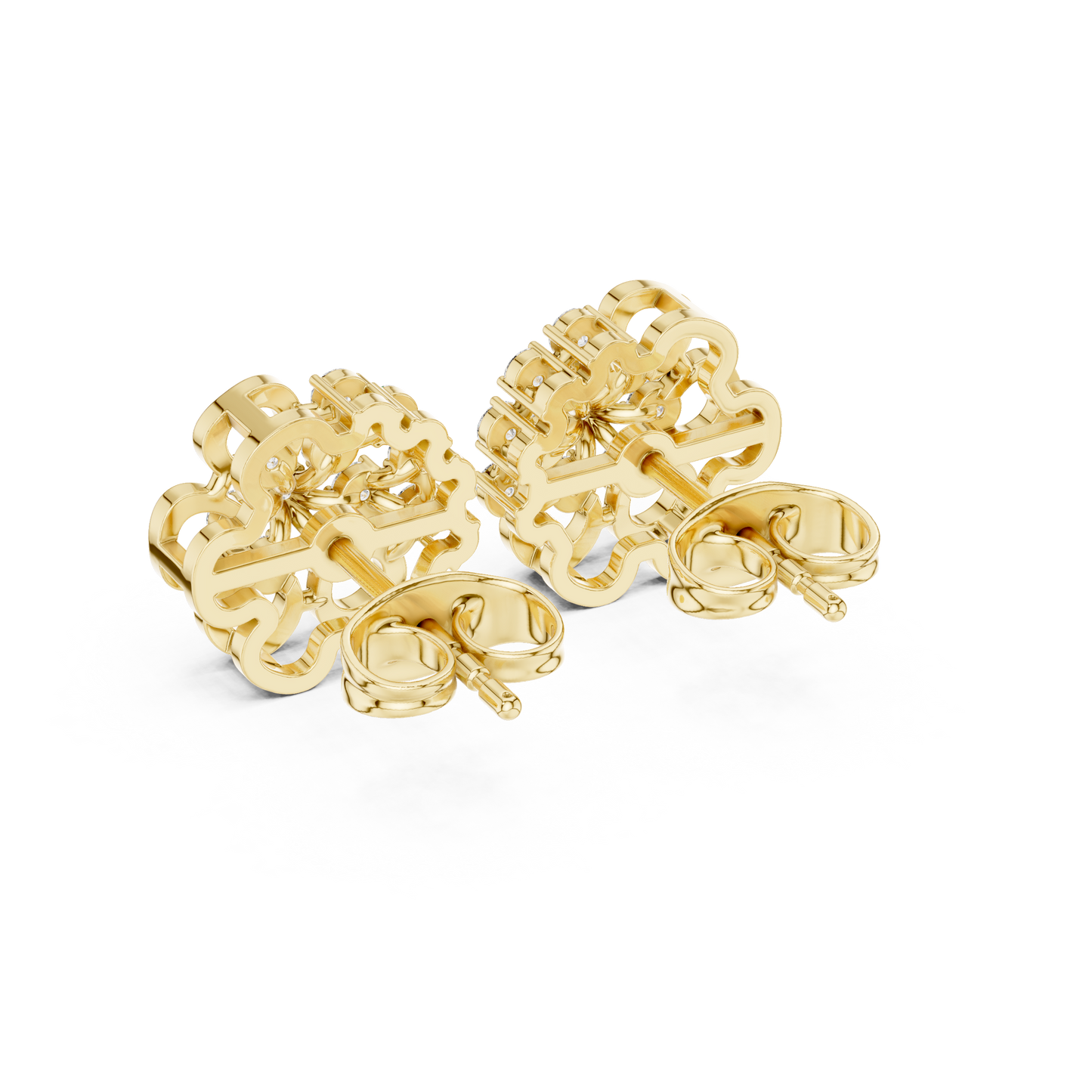 Yellow Gold Round Diamond Abstract Flower Cluster Stud Earrings - 0.44ctw