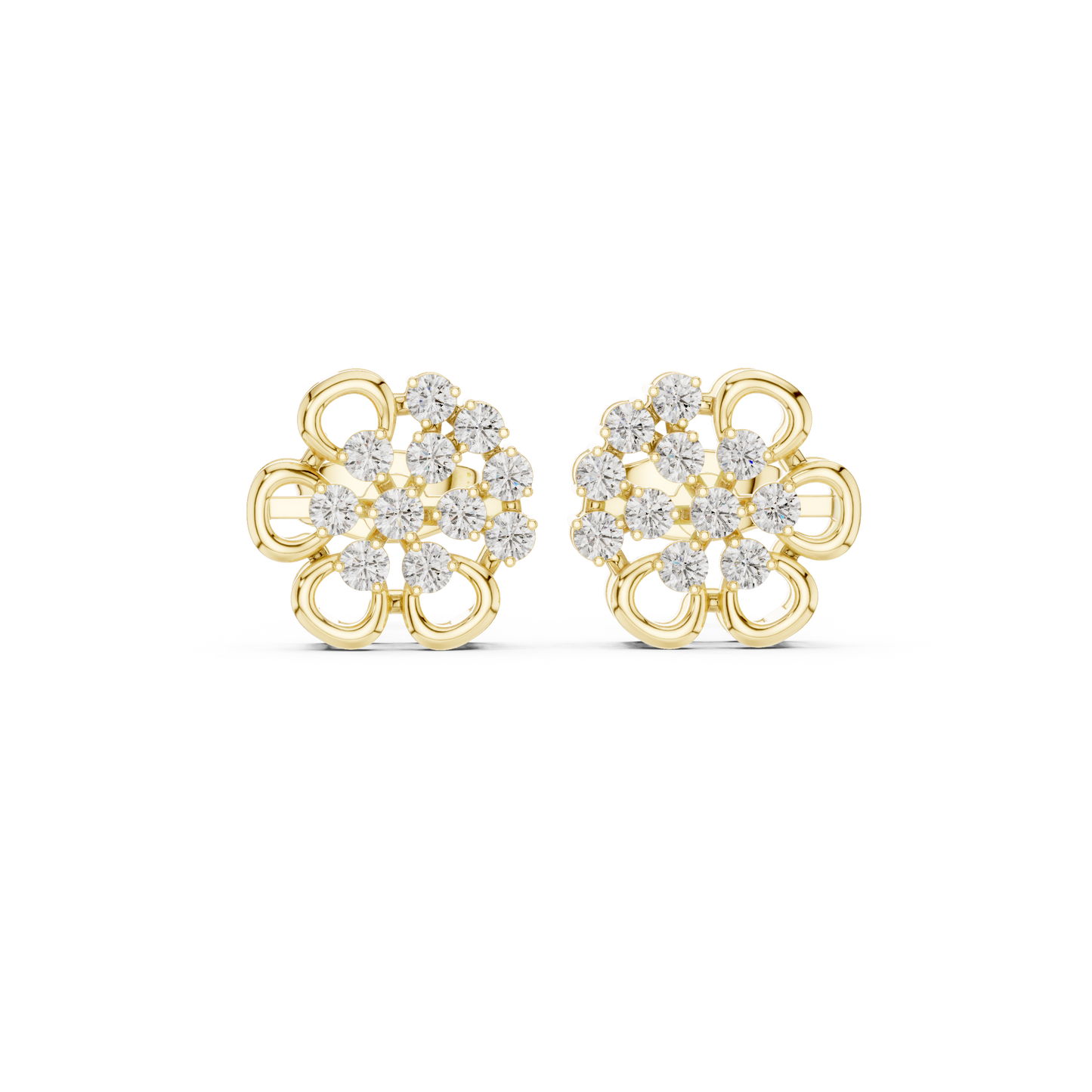 Yellow Gold Round Diamond Abstract Flower Cluster Stud Earrings - 0.44ctw