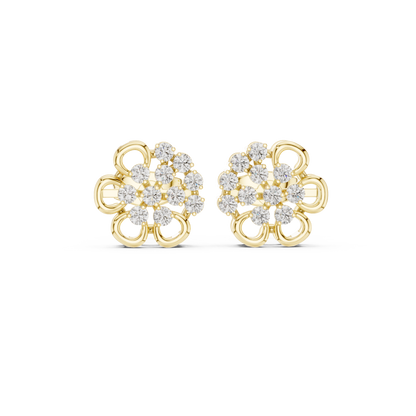 Yellow Gold Round Diamond Abstract Flower Cluster Stud Earrings - 0.44ctw