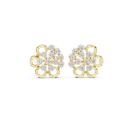 Yellow Gold Round Diamond Abstract Flower Cluster Stud Earrings - 0.44ctw