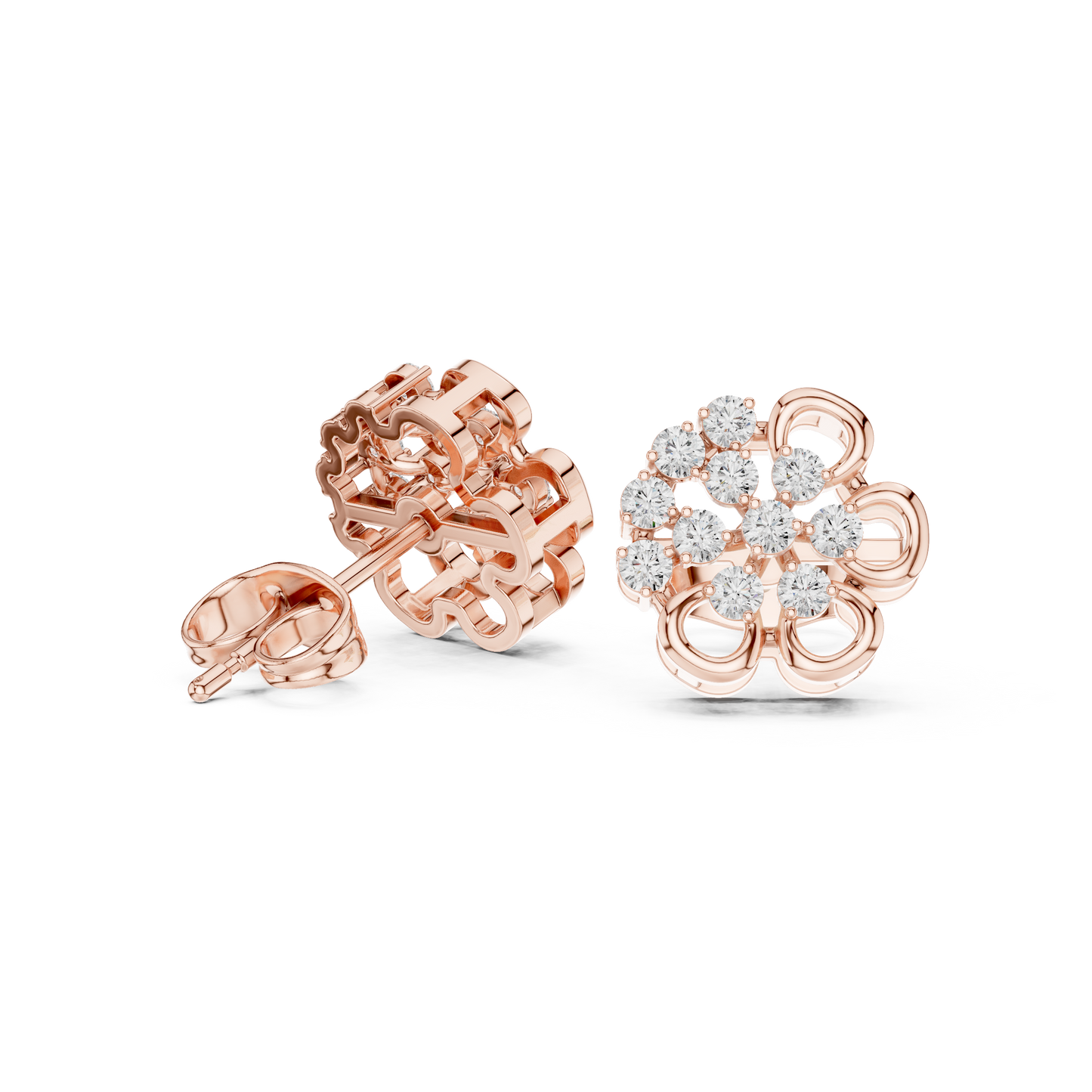 Yellow Gold Round Diamond Abstract Flower Cluster Stud Earrings - 0.44ctw